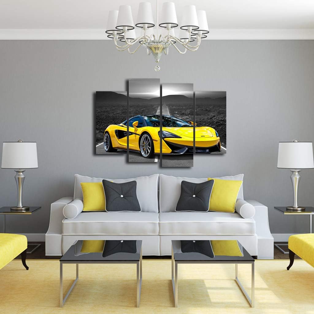 Póster de pared en blanco y negro, 4 piezas de automóvil deportivo amarillo grande, lienzo para habitación de niños, dormitorio, sala de estar,