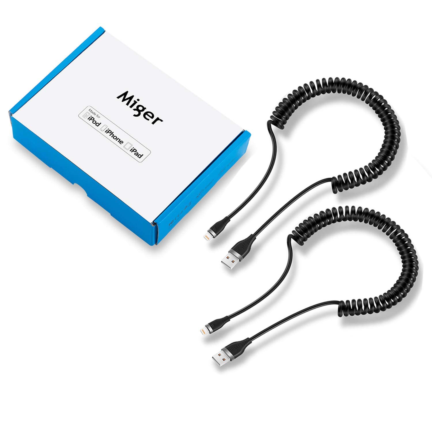 Miger Cable Lightning en espiral, cable de carga para iPhone de 4 pies para automóvil, paquete de 2 cables Lightning de 4 pies con certificación MFi