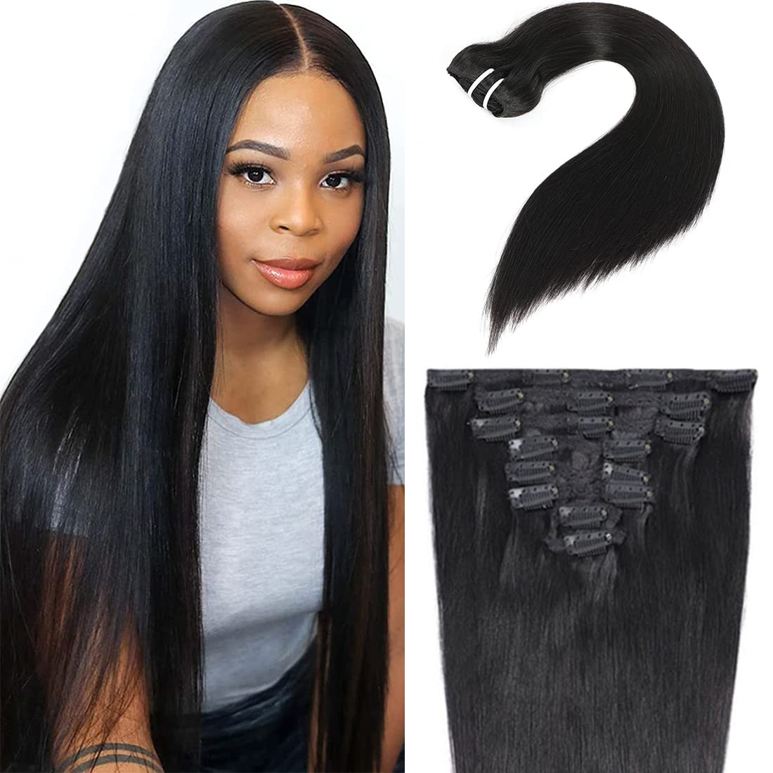 Extensiones de cabello humano largo y liso con clip para mujeres negras, 26 pulgadas, cabello humano real negro natural 1B# 1B#, clip liso y sedoso,