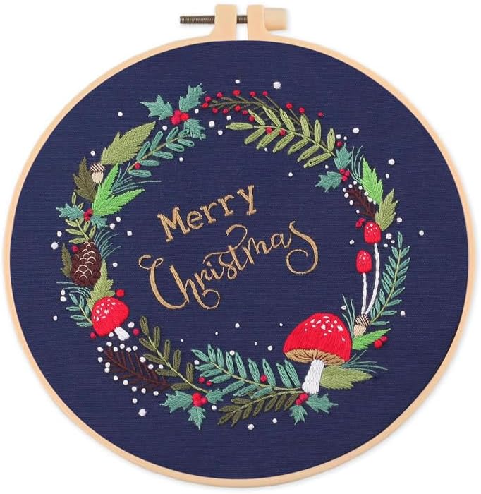 Kits de iniciación de bordado estampado con patrón para principiantes, flor de hongo, feliz Navidad, con aros, hilos de color, kits de punto de