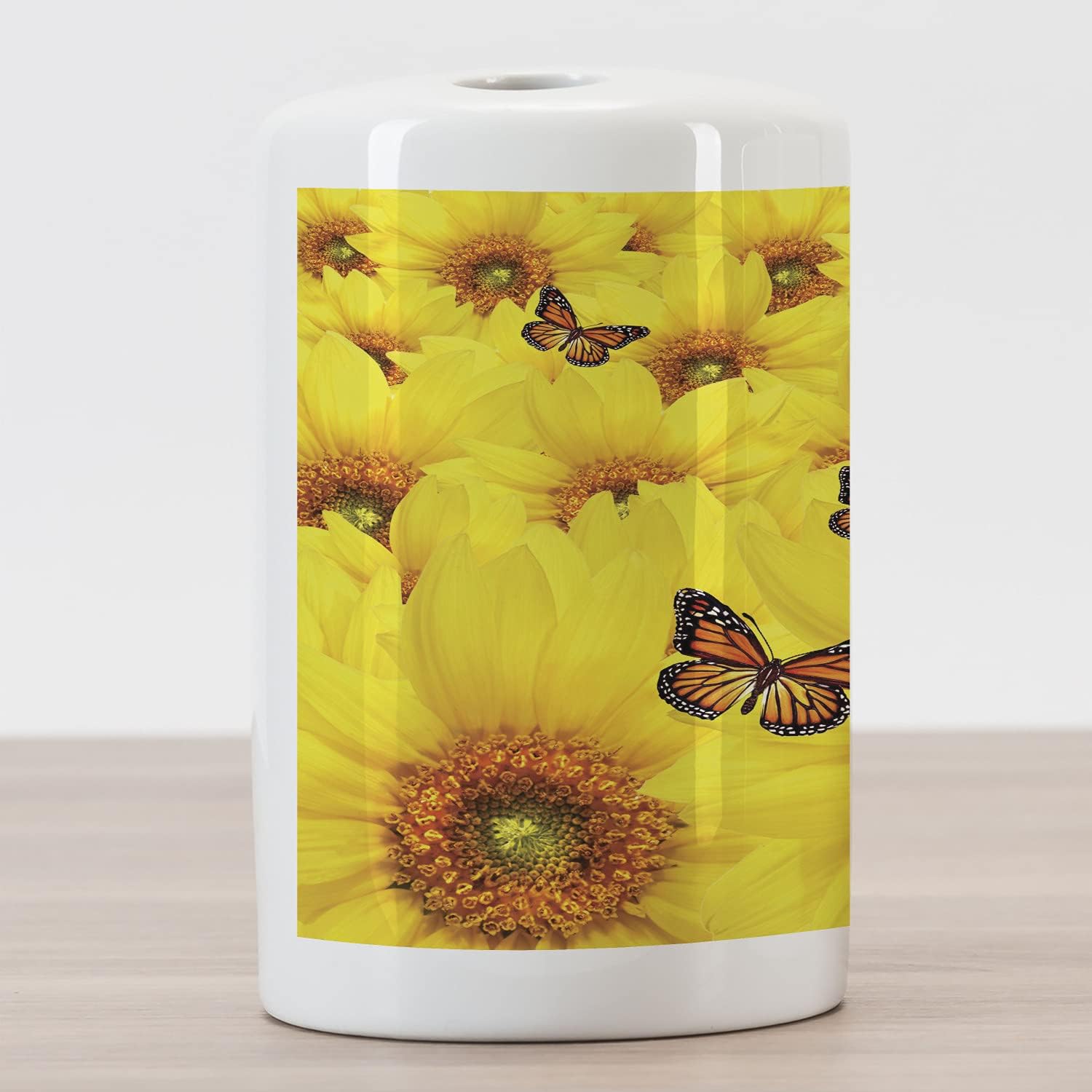 Lunarable Soporte para cepillo de dientes de cerámica con girasol, flores de girasol, mariposas, colores cálidos, redondos, detalles de primer