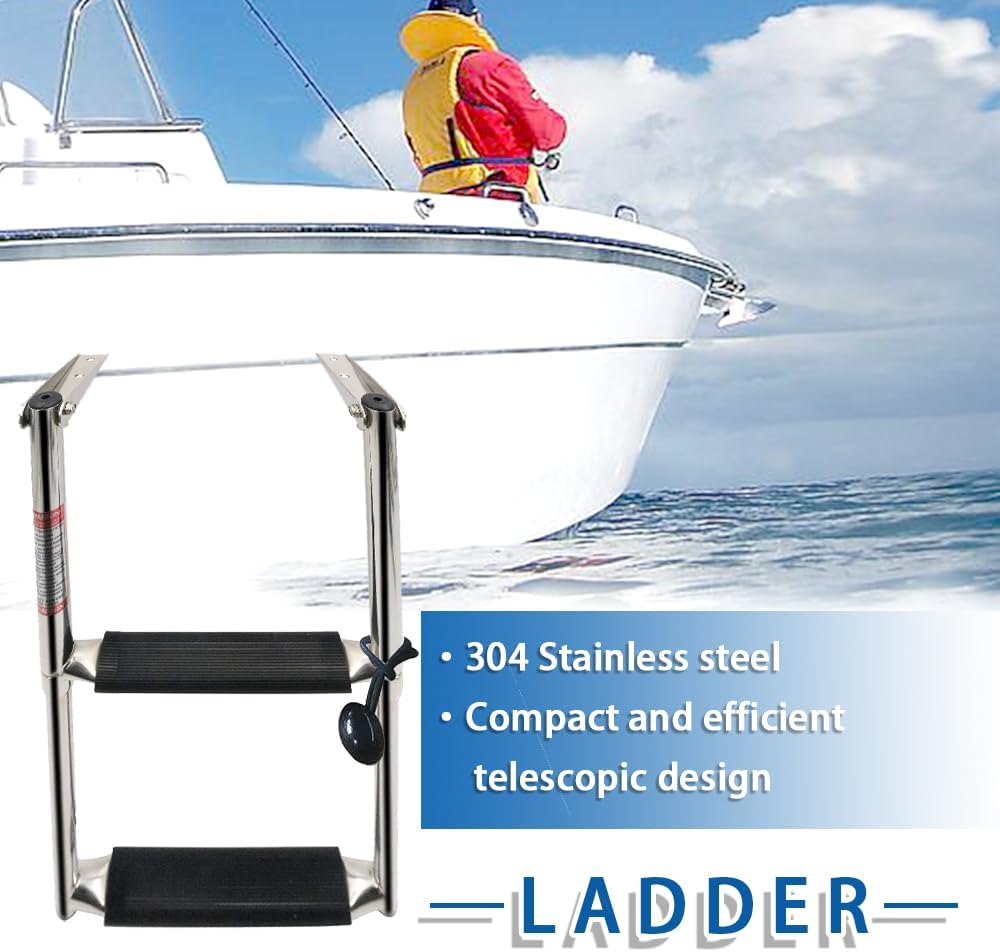 Haida Escalera telescópica de 2 escalones para lanchas de acero inoxidable, escalera portátil de 2 escalones, para barco marino, yate, muelle de