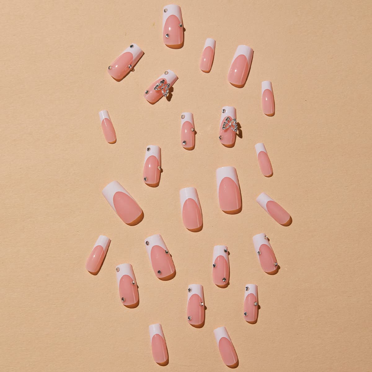 LPOODDNU Uñas postizas cuadradas de punta francesa, 24 piezas de acrílico ABS rosa brillante, uñas artificiales largas con dije de mariposa y diseño