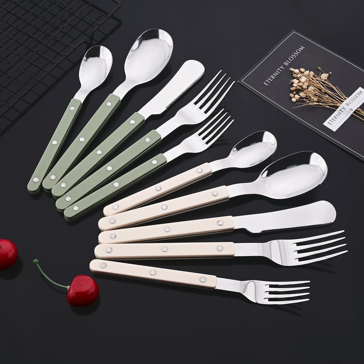 JASHII Juego de cubiertos de 20 piezas de acero inoxidable con remache, juego de cubiertos retro, cuchillo, tenedor, cuchara, servicio para 4