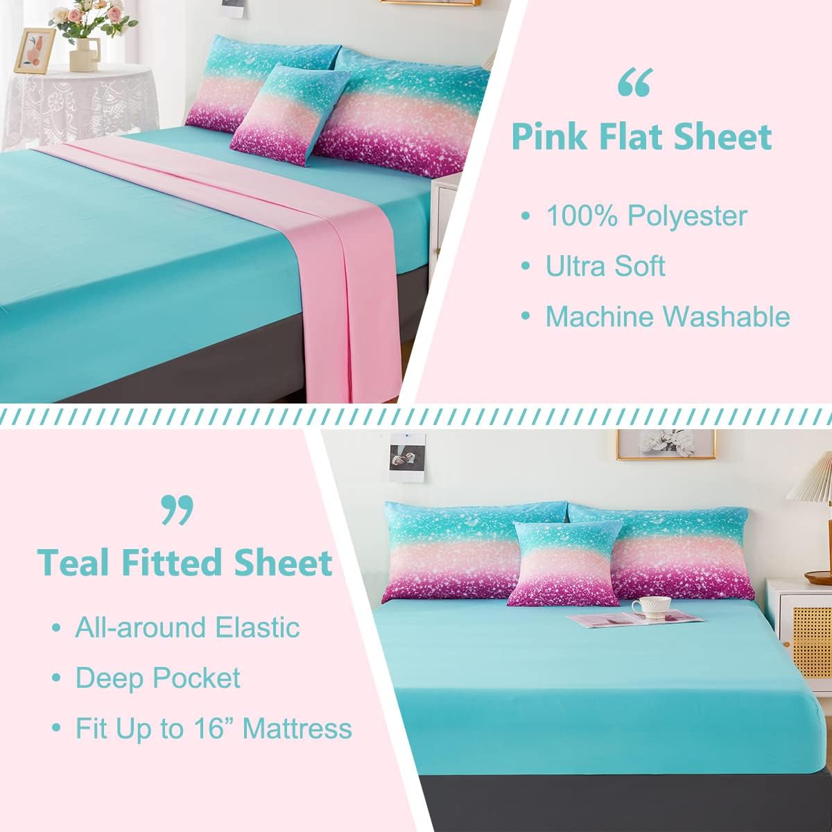 PERFEMET Juego de edredón Queen con sábanas, juego de ropa de cama de 6 piezas de teñido anudado arco iris para niñas, ropa de cama degradado con