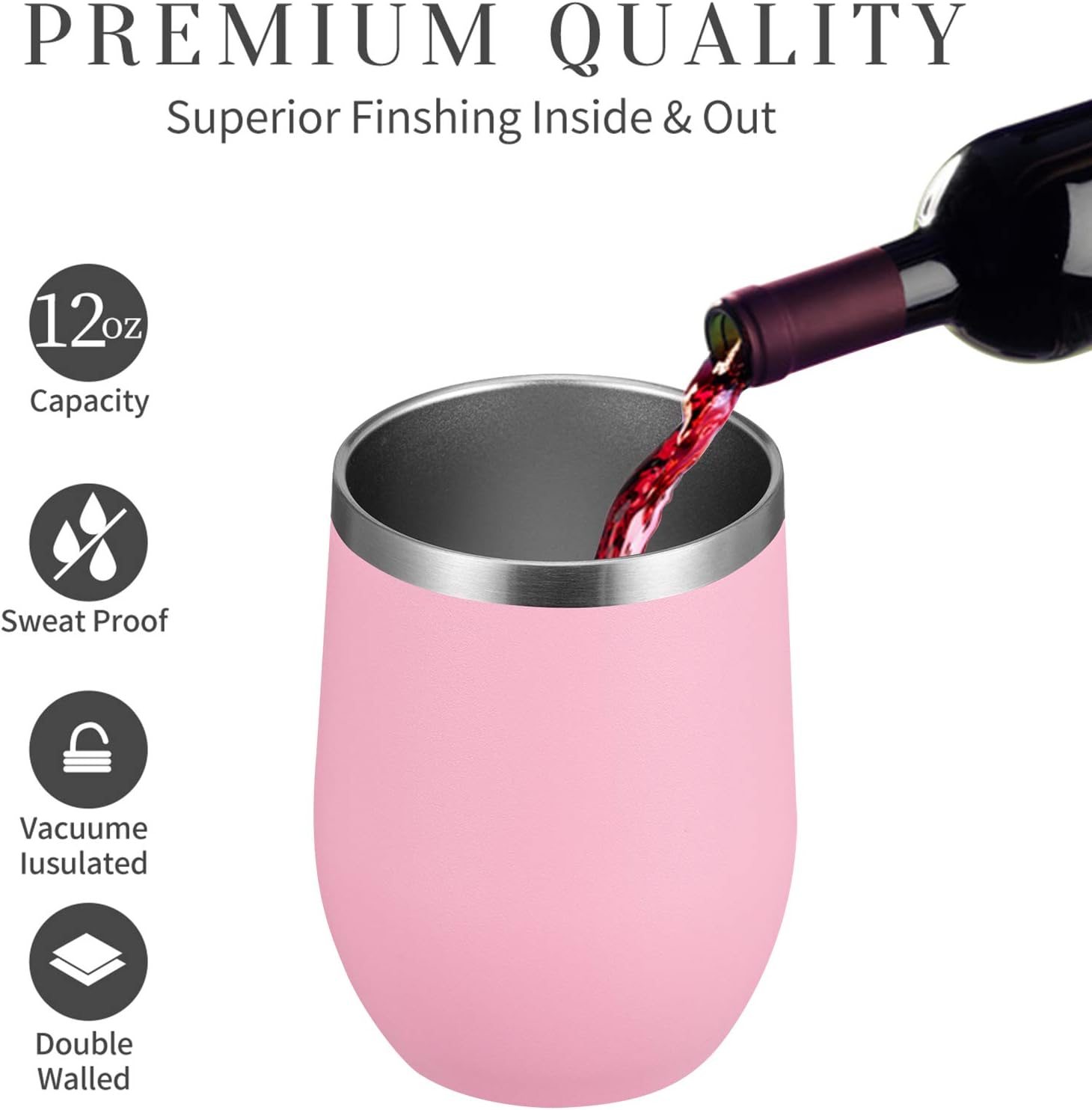 Meway – Vaso de vino con tapa de 12 onzas, sin tallo, doble pared, al vacío, de acero inoxidable, para viajes, mantiene el frío y el calor, para