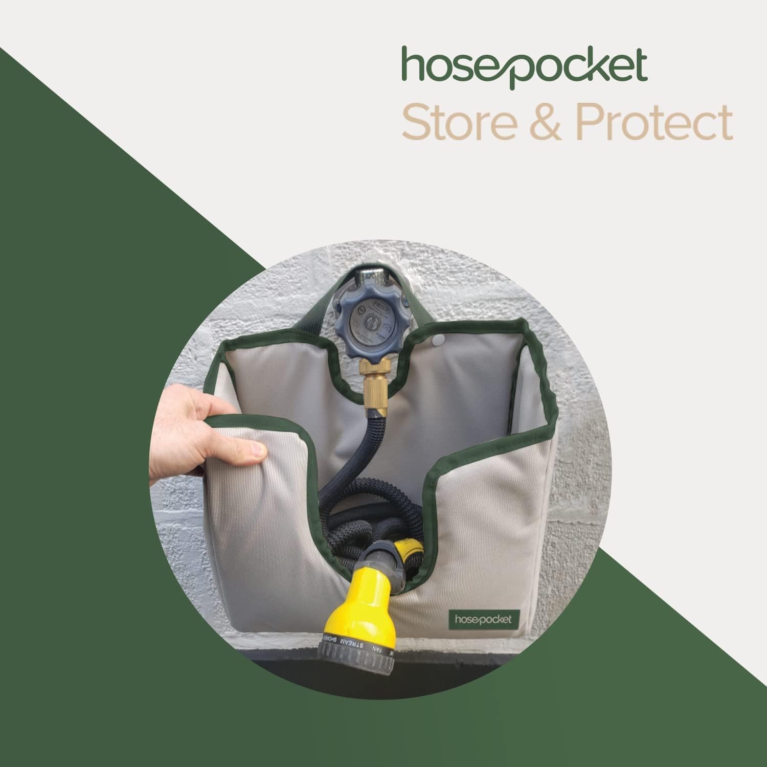 Hose Pocket – Soporte expandible para manguera de jardín  Guarda tu manguera de jardín expandible de forma ordenada y sencilla  Tamaño grande