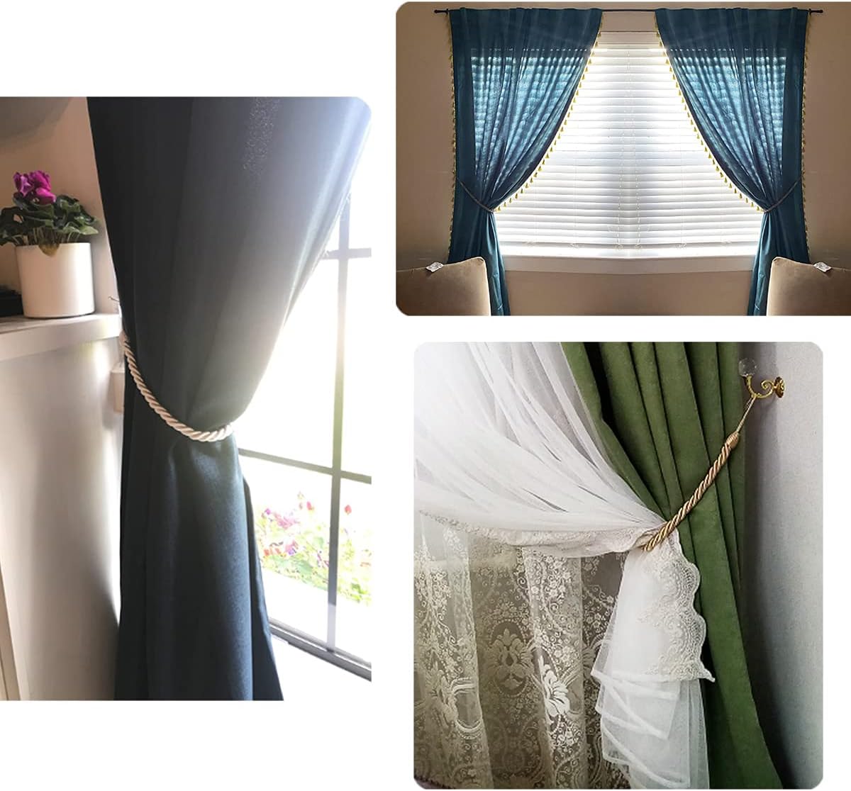 Abrazaderas de cortina decorativas elegantes para exteriores, modernas cuerdas para cortinas con ganchos, paquete de 2