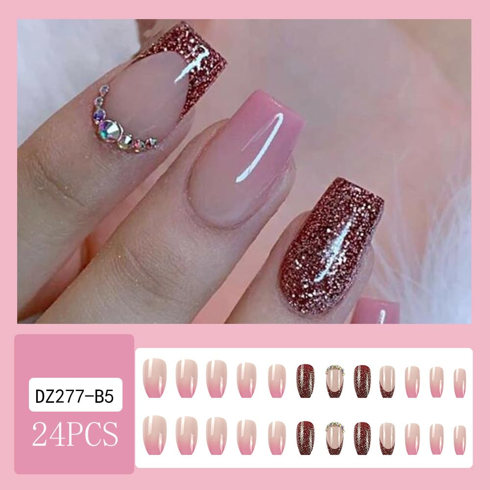 24 piezas de uñas cuadradas a presión, uñas postizas medianas, color rosa degradado, uñas adhesivas de cobertura completa, color rojo vino,