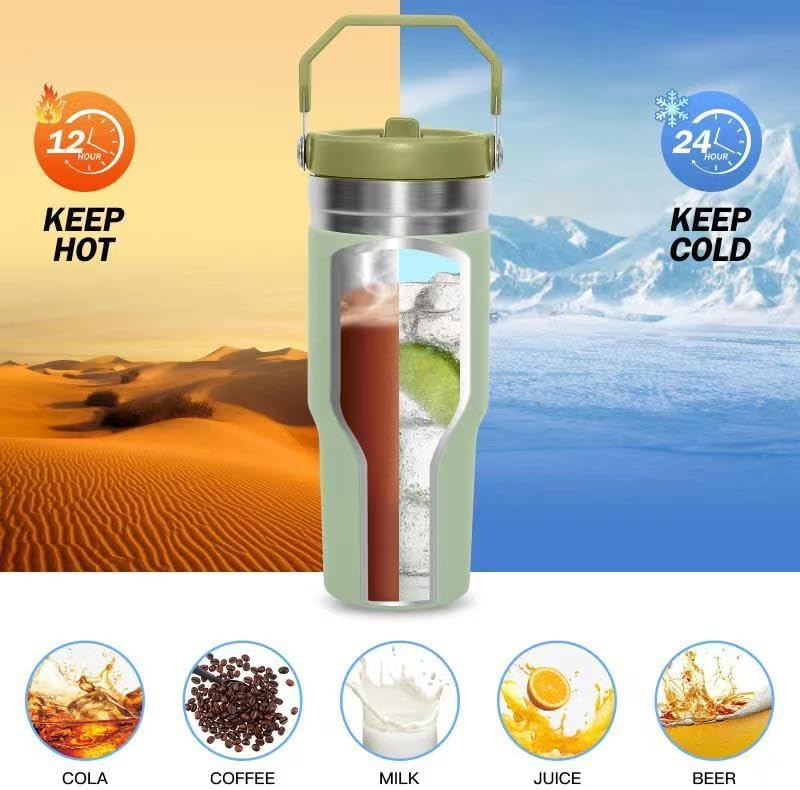 Vaso de 30 onzas con asa y tapa con popote, vasos aislados, portátiles de acero inoxidable, botellas al vacío para agua, simplemente moderno, (crema)