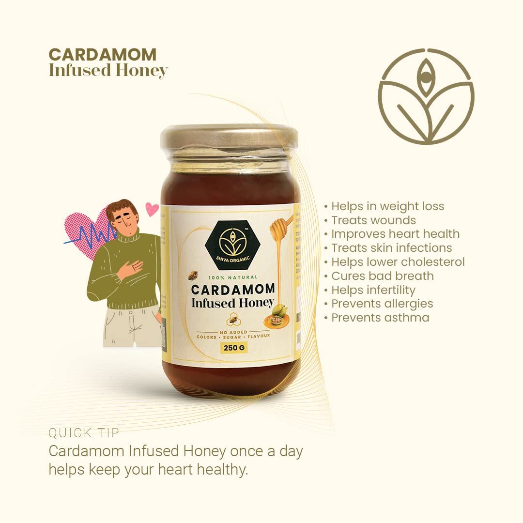 Shiva Organic Miel con infusión de cardamomo – Miel 100% natural y orgánica pura – Certificado GMP 8.81 onzas (8.82 oz))