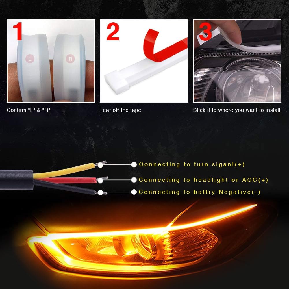 Tira de luz LED para faros delanteros, de 17.7 pulgadas, flexible, para automóvil, de doble color, blanco y ámbar, luz de circulación diurna,