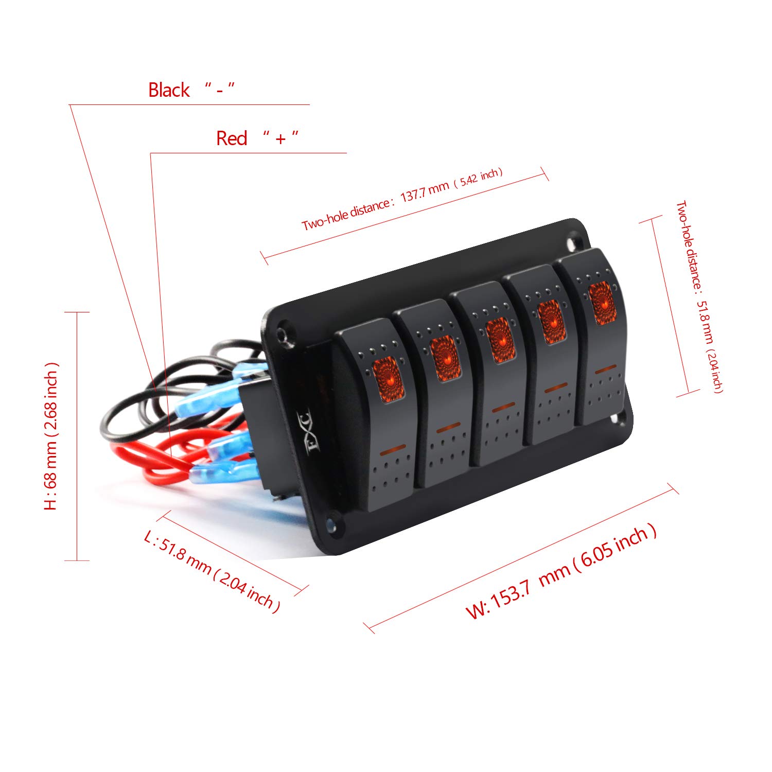 FXC Interruptor basculante de aluminio, 5 cuadrillas, 5 pines, encendidoapagado, 2 LED retroiluminados para barco, coche, color naranja marino