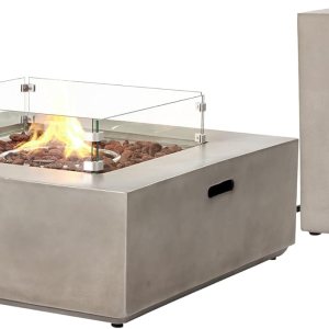SUNBURY Fogata de propano para exteriores, mesa cuadrada de fuego para patio, 50,000 BTU para exteriores en gris con cubierta de tanque de 20 SUNBURY Fogata de propano para exteriores, mesa cuadrada de fuego para patio, 50,000 BTU para exteriores en gris con cubierta de tanque de 20