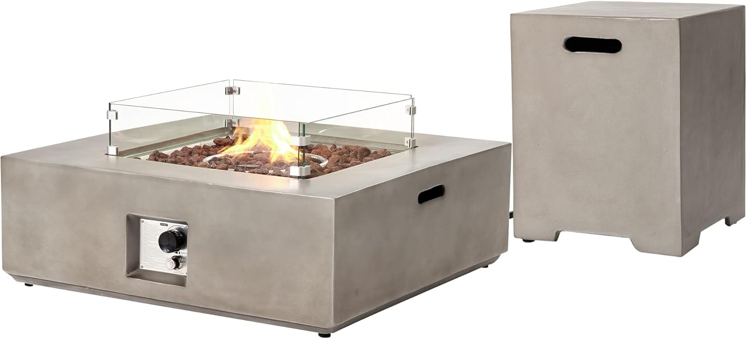 SUNBURY Fogata de propano para exteriores, mesa cuadrada de fuego para patio, 50,000 BTU para exteriores en gris con cubierta de tanque de 20
