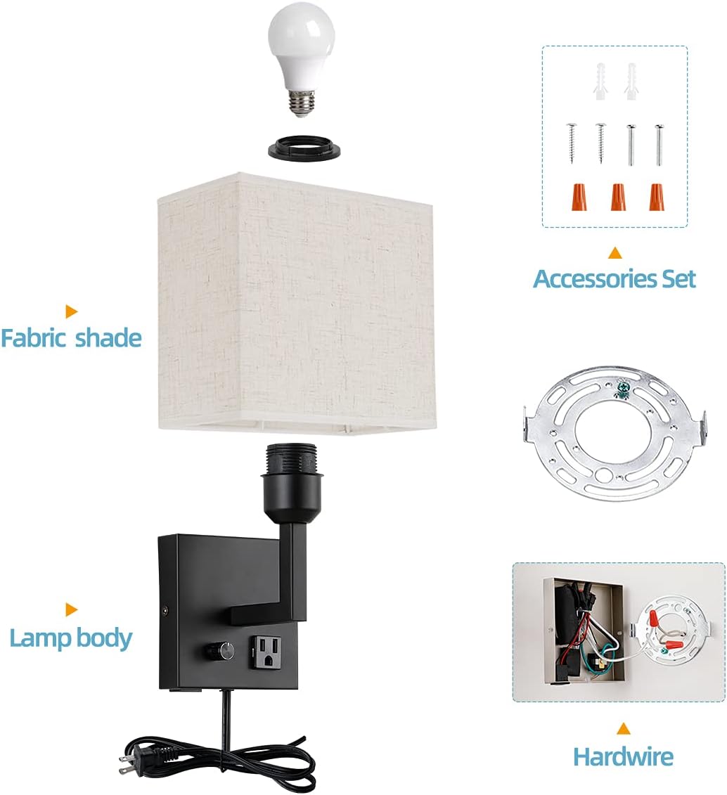 Aplique de pared enchufable, lámpara de pared de cabecera con enchufe e interruptor regulable, con puerto de carga USB y enchufe, adecuado para