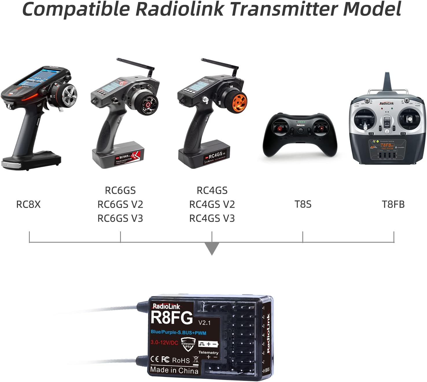 Radiolink 2.4Ghz R8FG V2.1 3ms Latencia y R7FG Receptor Giroscopio con telemetría de voltaje, RX impermeable para RC Crawler Car Boat Radio