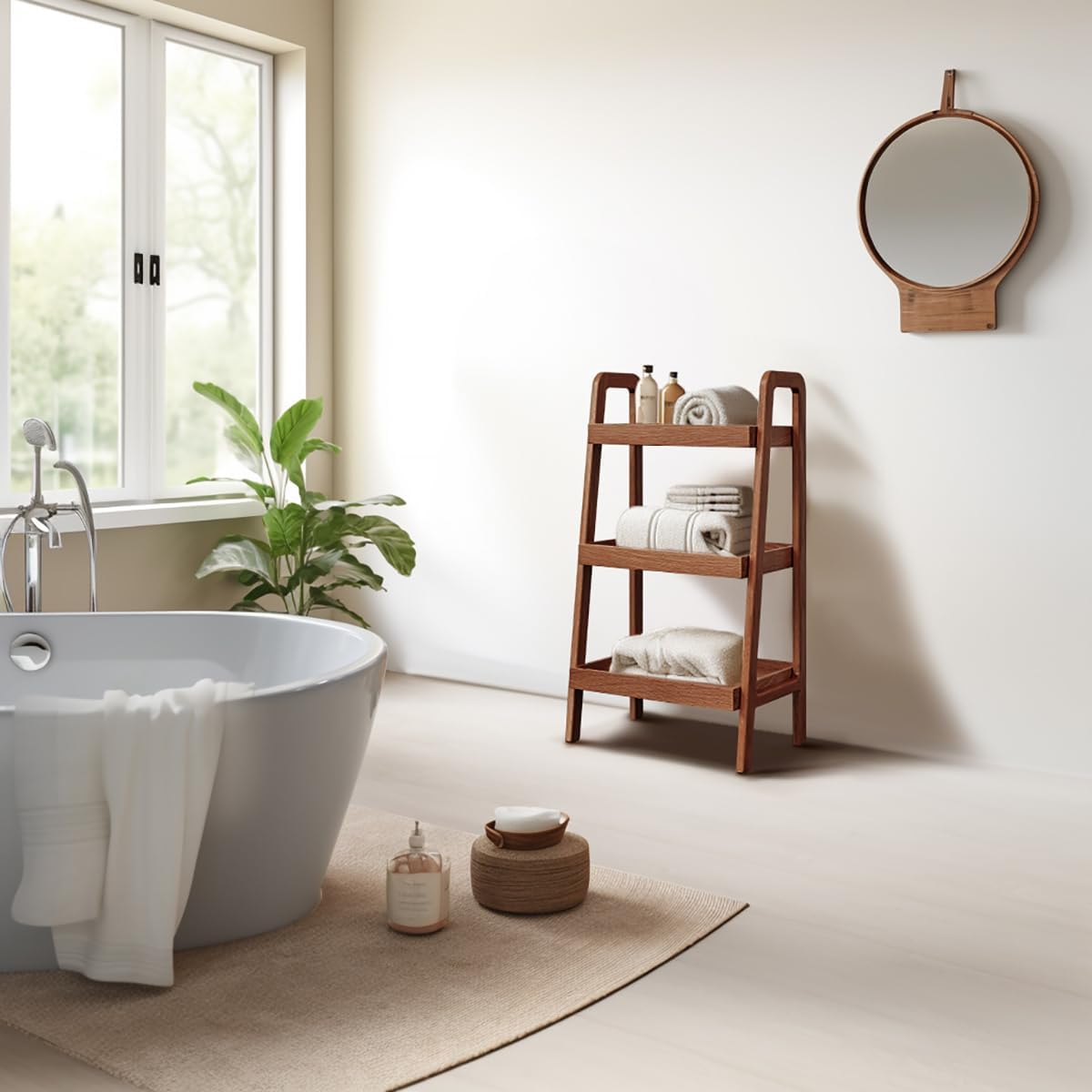 Vadisun Estantería de escalera de madera de roble macizo 100%, estantería de almacenamiento de piso con diseño de deflector de cuatro lados, mesa