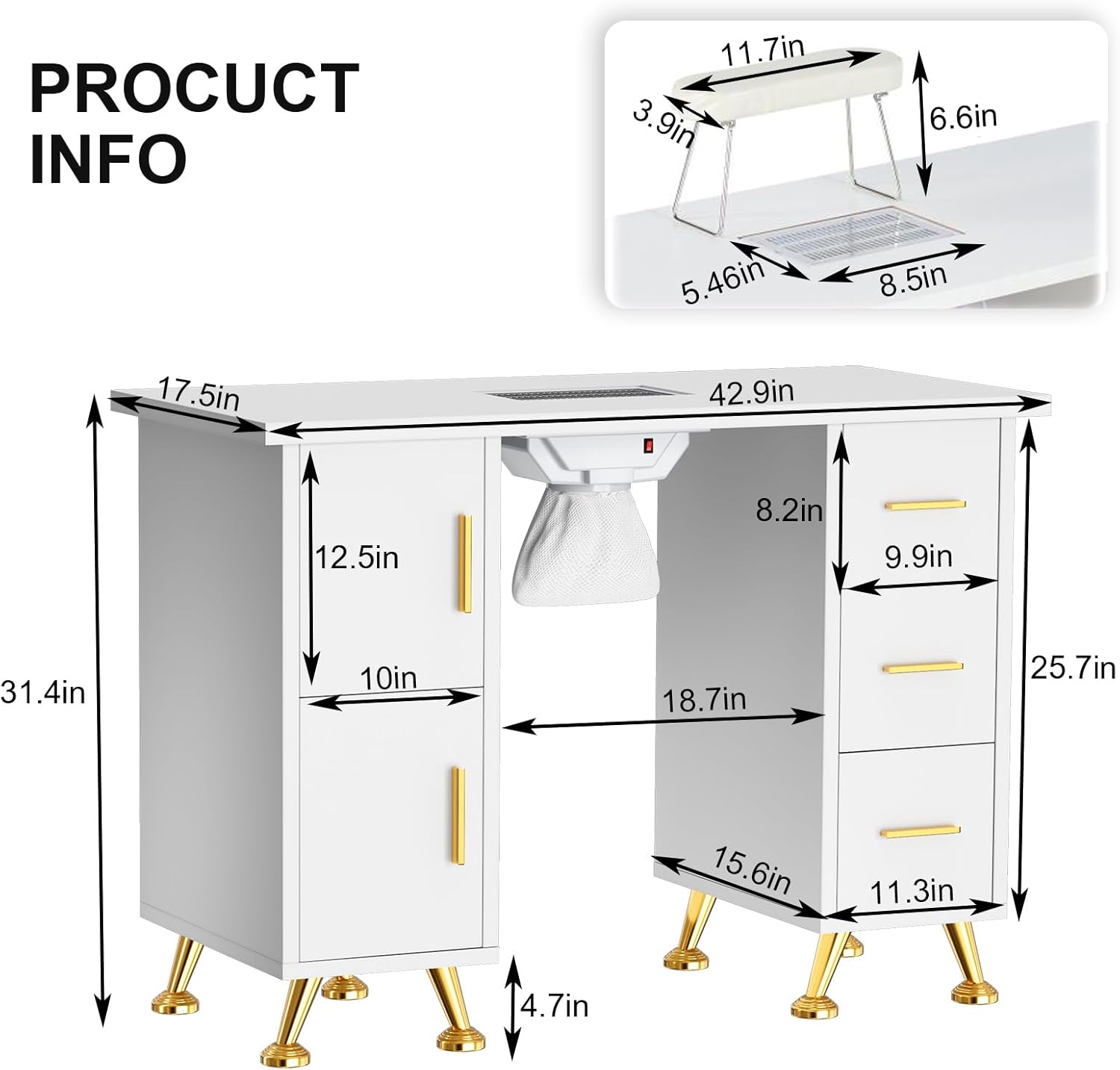 Hicomony Mesa de uñas blanca para tecnología de uñas, mesa de manicura con reposabrazos, colector de polvo de uñas, resistente a acetona, mesa de