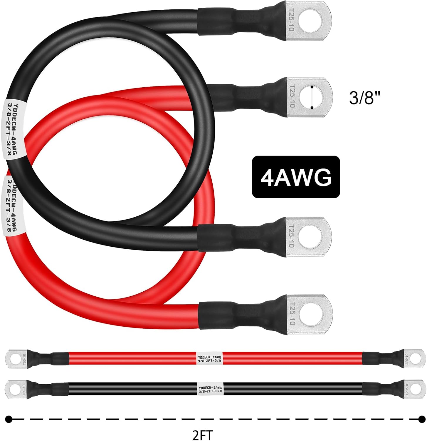 Cable de batería de calibre 4 de 2 pies, cables inversores de energía de batería 4AWG (1 positivo y 1 negativo) con terminales de terminales de 38