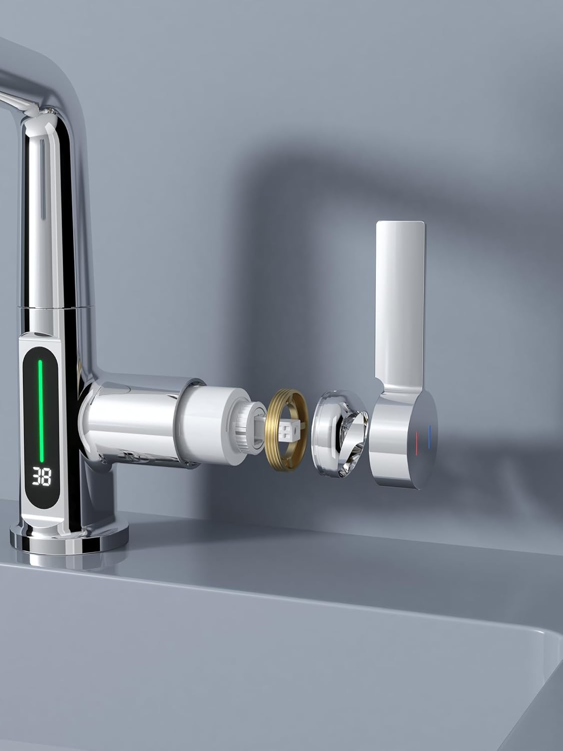 BARROCK Grifos de baño en cascada con rociador extraíble, moderno grifo de fregadero de baño extraíble con pantalla digital de temperatura, grifo