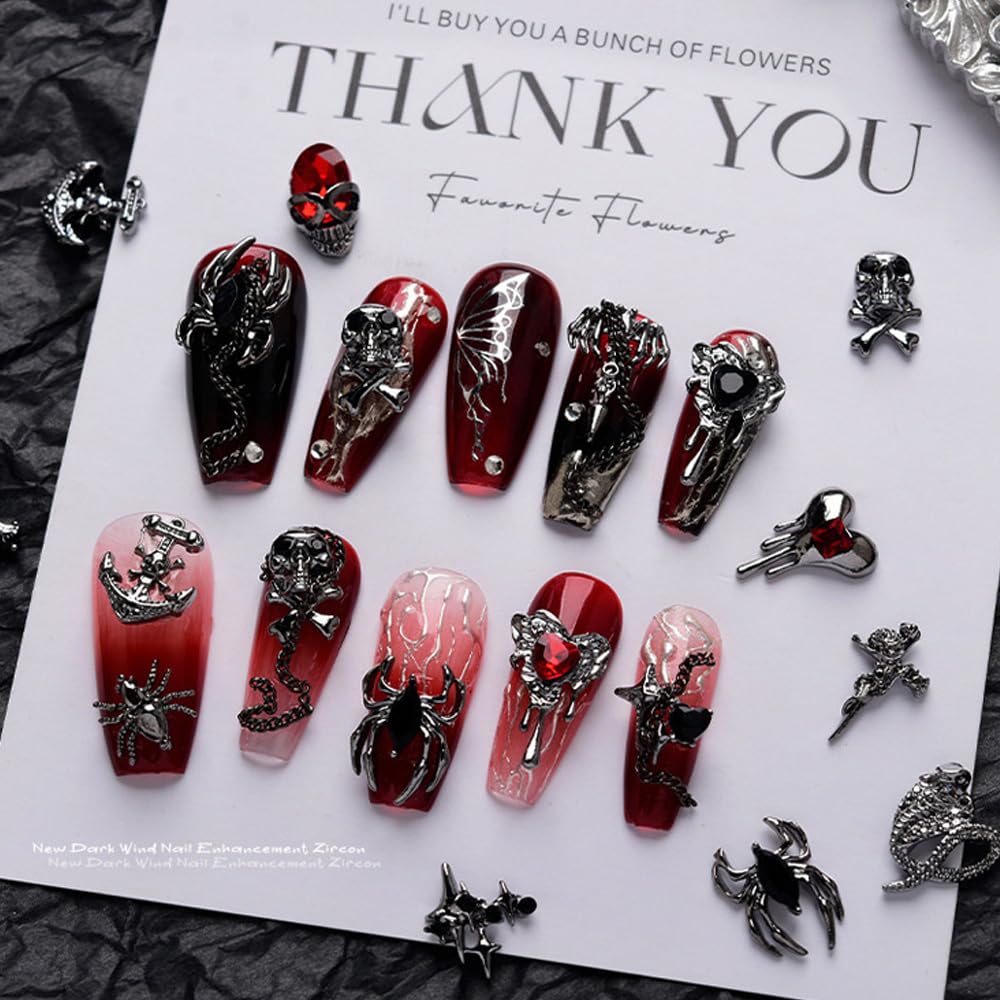 22 dijes de uñas de Halloween de aleación 3D, dijes de arte de uñas 3D, diamantes de imitación negros y rojos, suministros de uñas, esqueleto,
