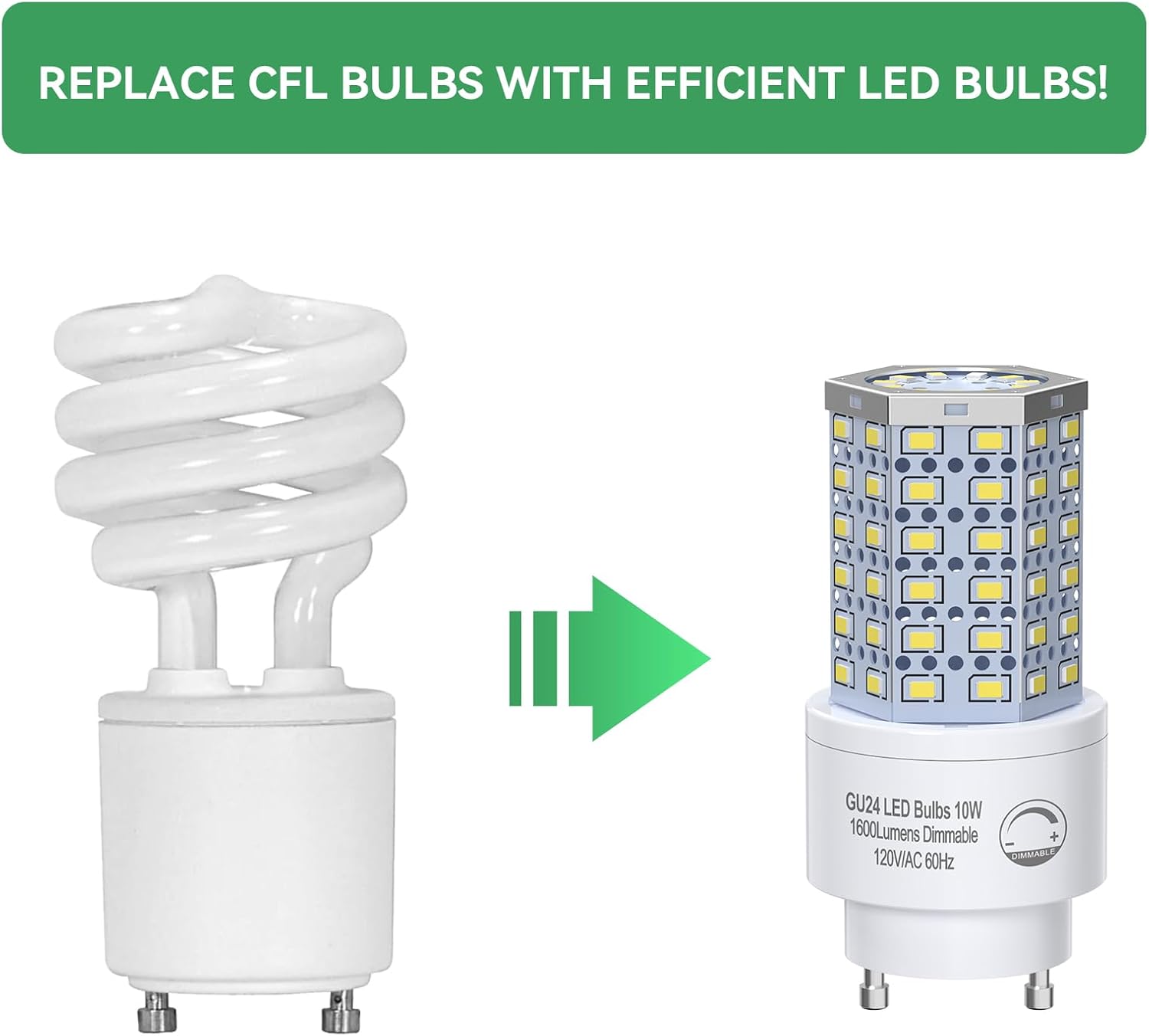 Bombilla LED GU24 regulable de 10 W, luz diurna de 5000 K, 1600 lúmenes (equivalente a 100 W), reemplaza la bombilla CFL de 2 puntas (4 unidades)