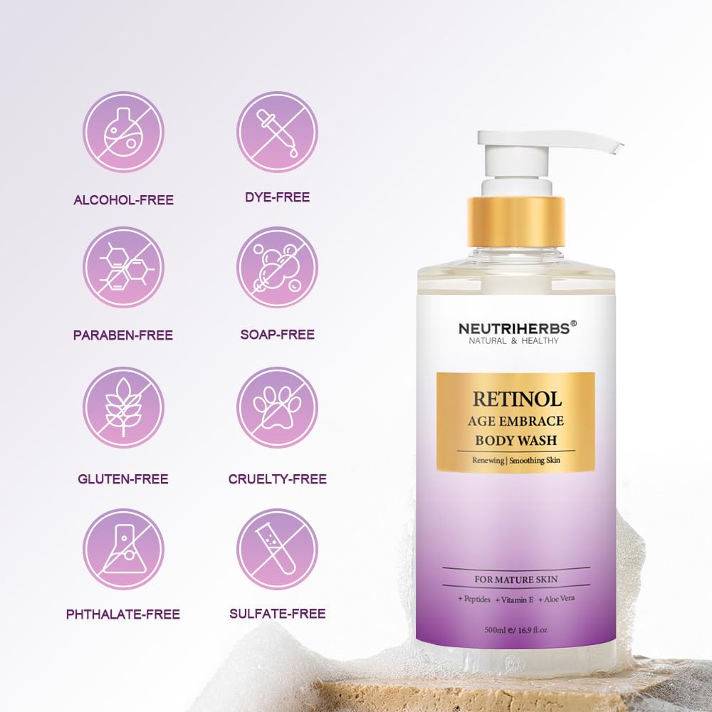 Neutriherbs Gel de ducha con retinol, antienvejecimientorenovador para mujeres y hombres, jabón de ducha diario con péptidos, vitamina E, aloe vera,
