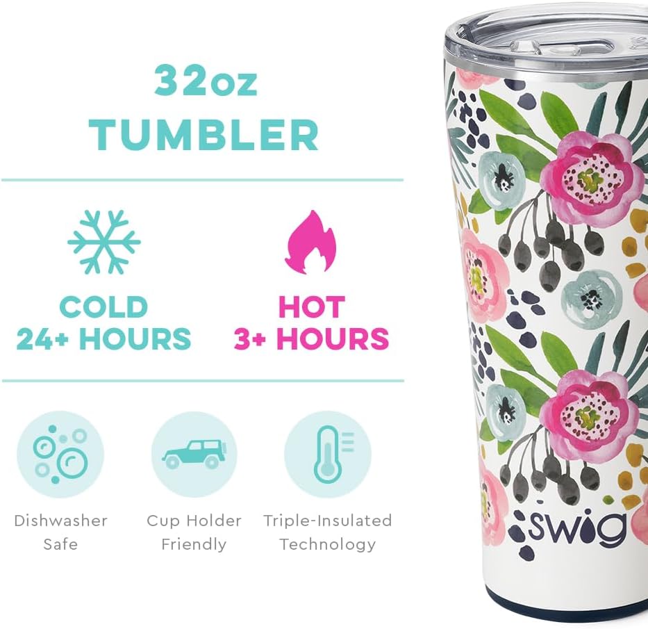 Swig Life Primrose XL – Juego de taza de viaje de 22 onzas con asa y tapa + vaso con triple aislamiento de 32 onzas con tapa, acero inoxidable, apto