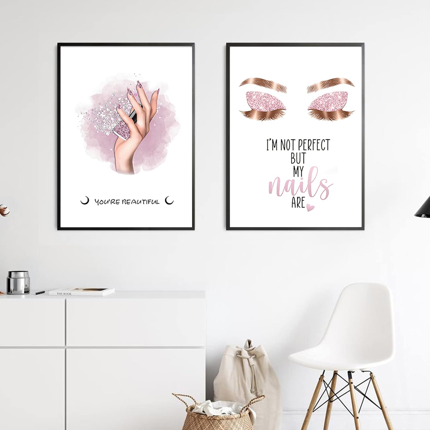 Bankrenart Arte de pared de maquillaje rosa con pestañas, arte de pared de moda, decoración de habitación de niña, sin marco, decoración de pared