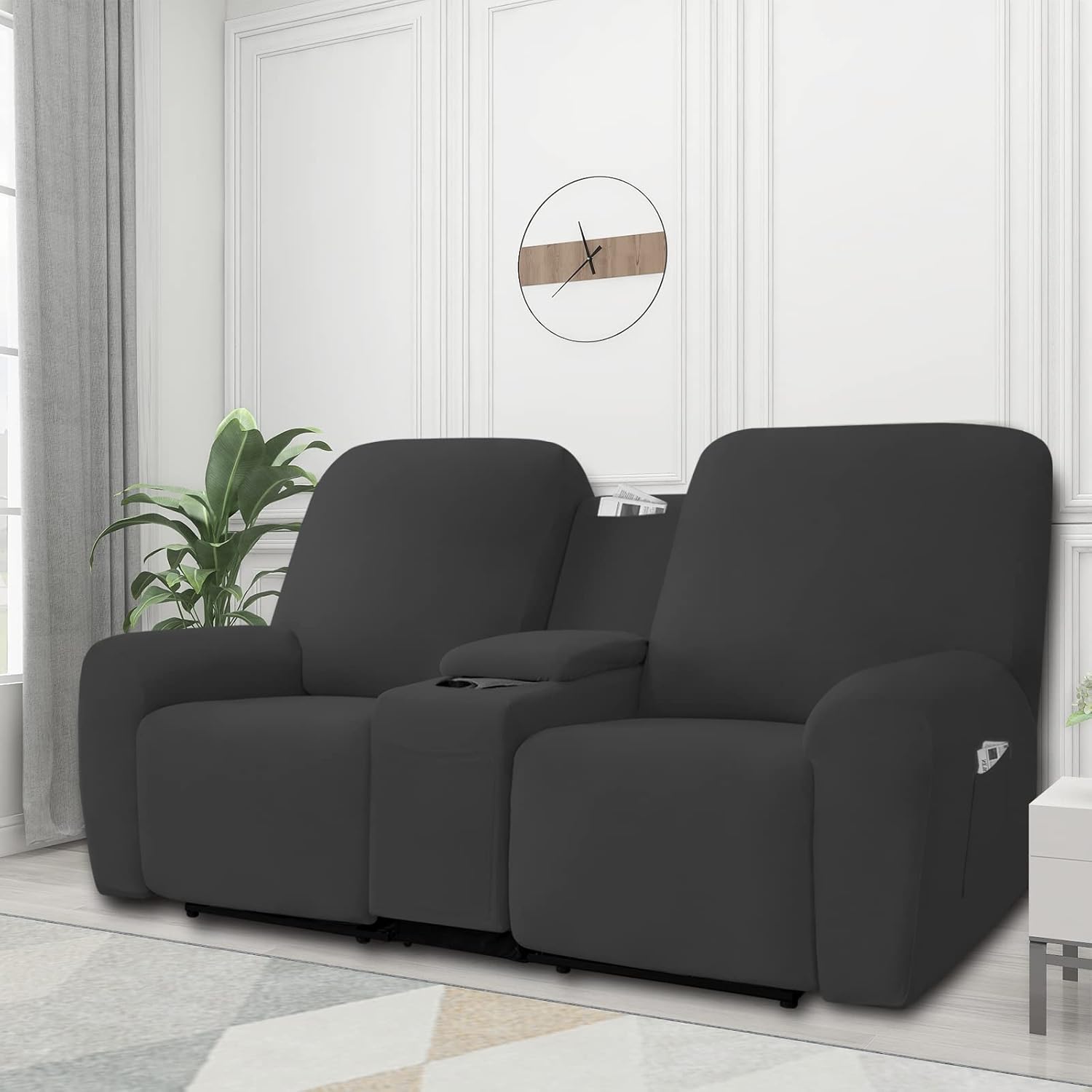 Easy-Going Funda elástica para sofá biplaza reclinable con consola central, suave forro polar ajustable de 2 asientos con soporte y almacenamiento,