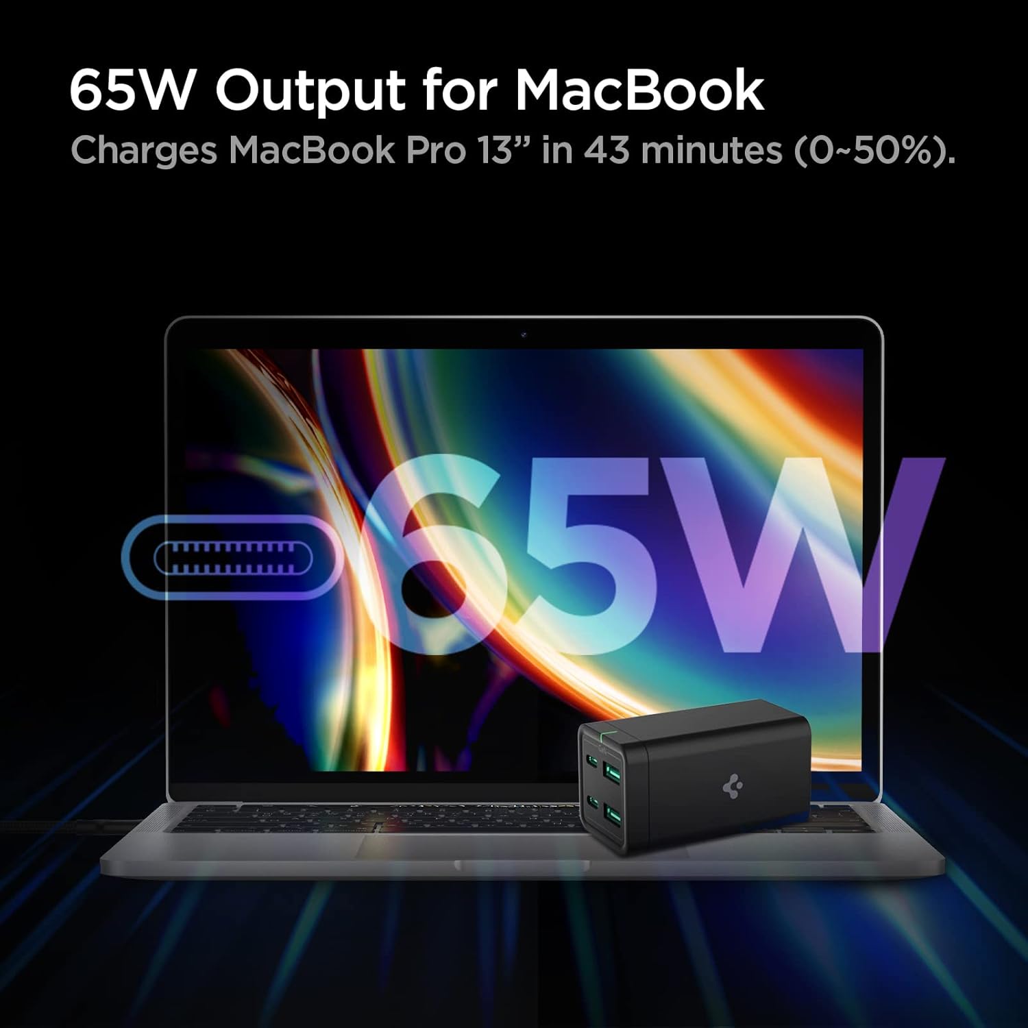 Cargador USB C, Spigen 65 W GaN III Estación de carga USB C de 4 puertos, USB-C PDUSB-A carga rápida para MacBook iPad M2 M1 Pro Air iPhone 16 15 14