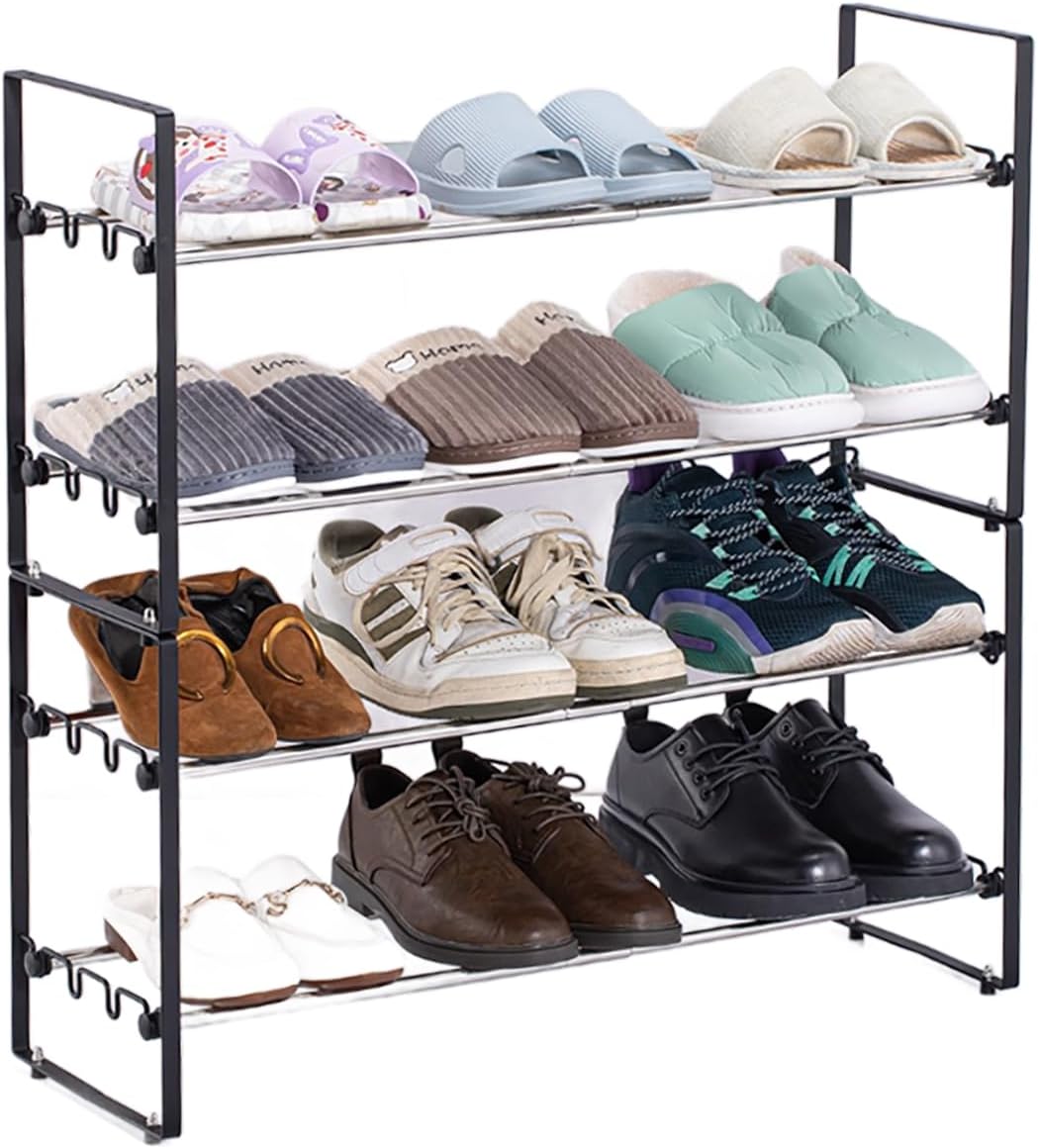 L&H UNICO Zapatero de metal ajustable de 4 niveles, pequeño, acero, capacidad para hasta 12 a 16 pares, expandible, apilable, negro