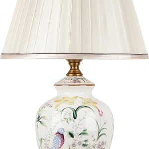 Chinoiserie – Lámpara de mesa de cerámica, lámpara de noche LED con flores americanas y pájaros, pantalla clásica de tela blanca para escritorio, Chinoiserie – Lámpara de mesa de cerámica, lámpara de noche LED con flores americanas y pájaros, pantalla clásica de tela blanca para escritorio,