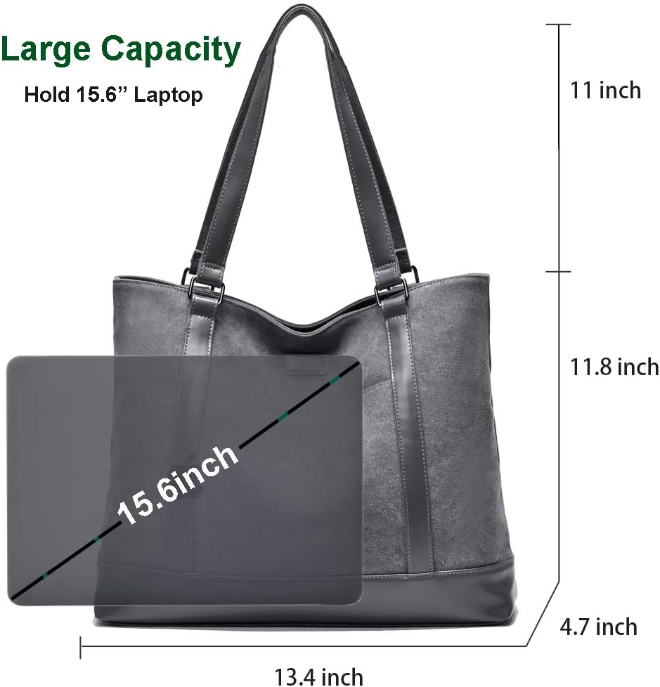 Bolsa de trabajo de lona para laptop para mujer con bolsillos de compartimento para computadora de 15.6 pulgadas, L
