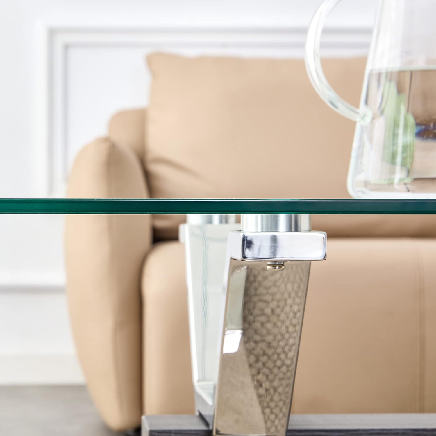Mesa de centro rectangular transparente moderna, mesa de centro única de vidrio templado con patas de metal plateado y barra transversal de MDF,