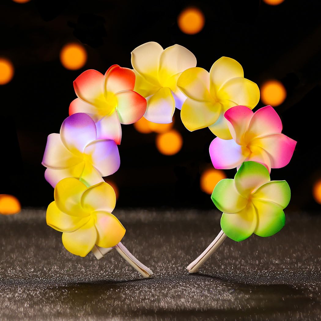 JAKAWIN Diademas de flores iluminadas LED Hawaii Plumeria Flowers Hairhoop Party Costume Accesorios para el cabello para mujeres y niñas (multicolor)