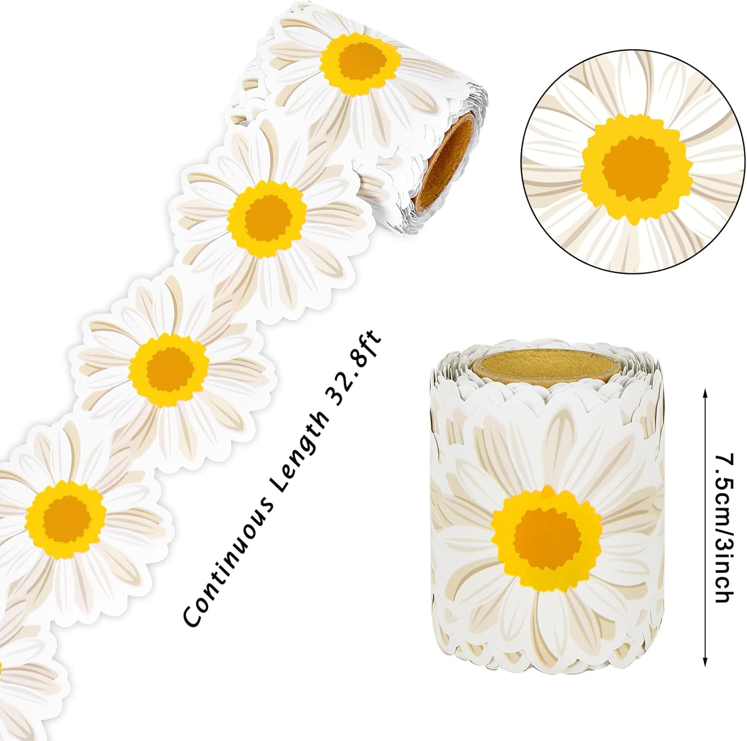 Whaline Rollo de tablero de anuncios de flores de margaritas de primavera, 32.8 pies, 3D blanco floral, troquelado, para primavera, verano, aula,