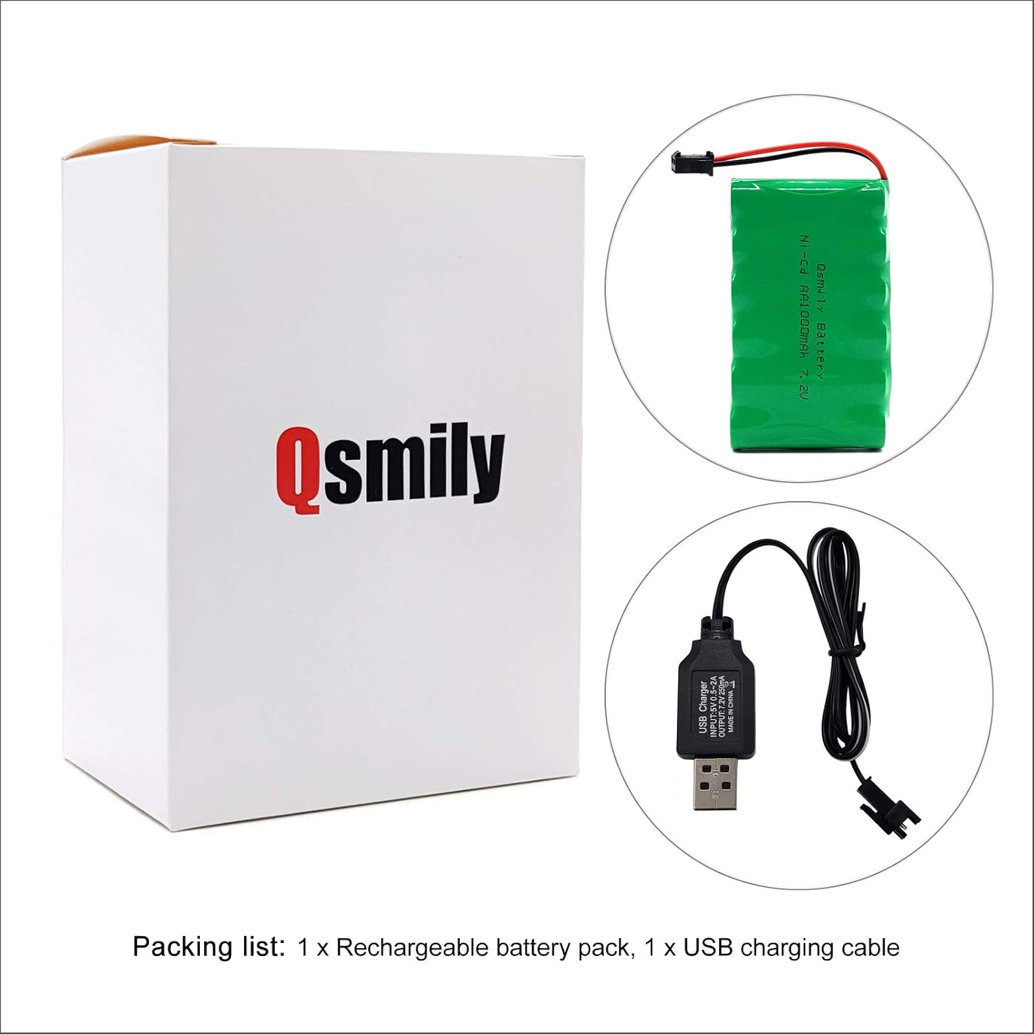 Qsmily Batería RC de 7.2 V, conector SM, batería recargable de Ni-Cd de 1000 mAh con cable de carga, adecuada para camión RC, camión de construcción