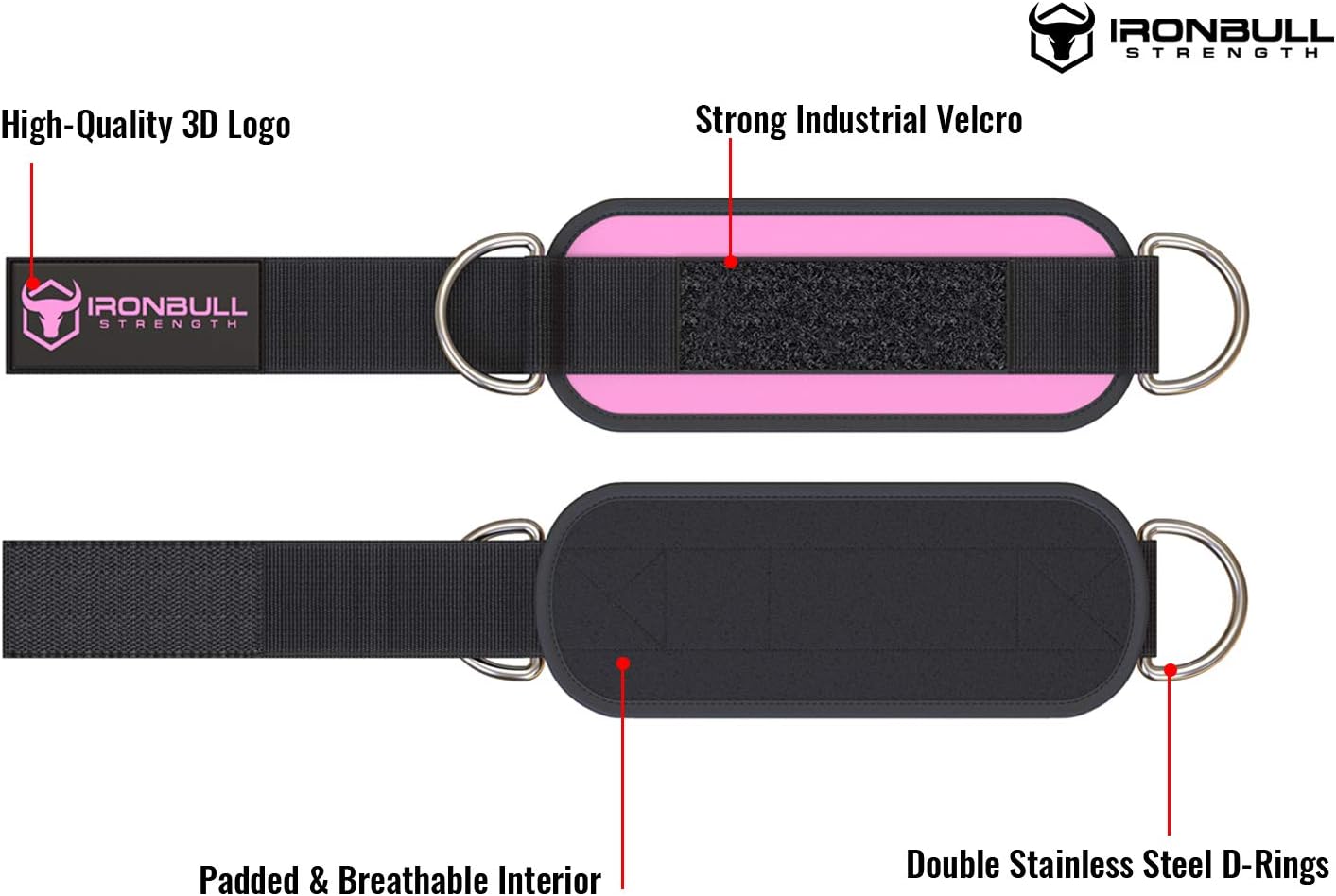 Iron Bull Strength Correas de tobillo para máquinas de cable (par)  Accesorio de doble anillo en D, totalmente ajustable, neopreno cómodo