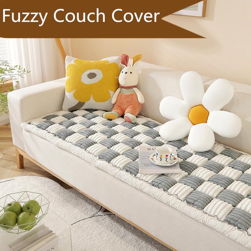 VISTABLUE Shapeazy – Funda protectora de algodón para sofá, funda protectora de algodón, diseño de cuadros grandes (27.6 x 70.9 pulgadas, gris)
