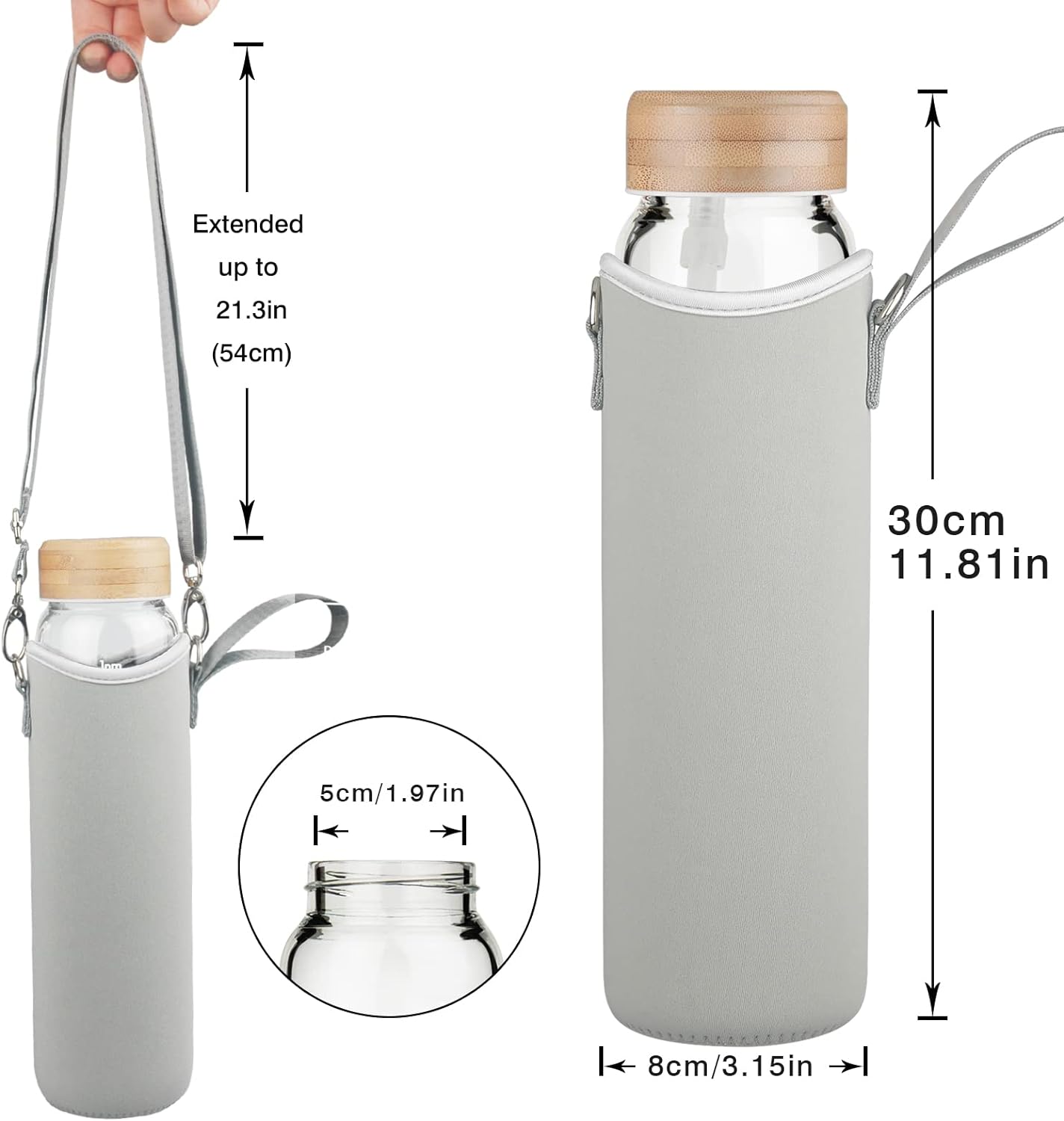 Botella de agua de vidrio de borosilicato de 32 onzas con popote y marcador de tiempo, botella de agua motivacional de boca ancha con funda de