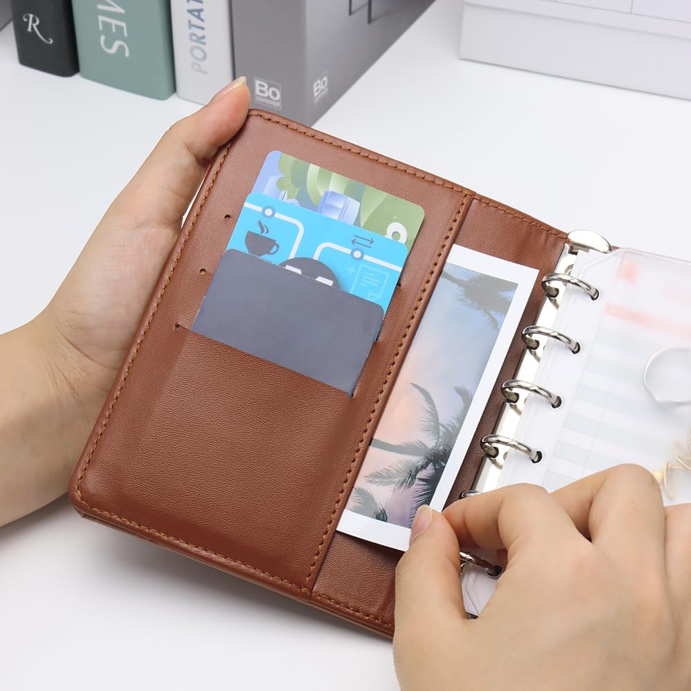 Carpeta de presupuesto de cocodrilo A7, carpeta planificadora de cuero marrón, carpeta de 6 anillos con cierre a presión, sistema de sobres de