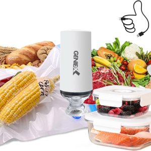 GenieX Sellador al vacío de mano, mini bomba eléctrica recargable para bolsas de almacenamiento de alimentos y recipientes de ahorro de alimentos. GenieX Sellador al vacío de mano, mini bomba eléctrica recargable para bolsas de almacenamiento de alimentos y recipientes de ahorro de alimentos.