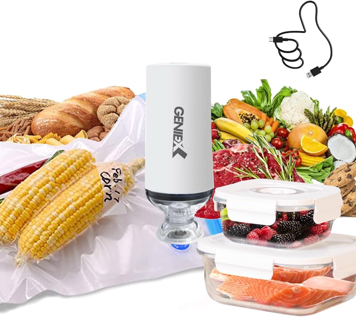 GenieX Sellador al vacío de mano, mini bomba eléctrica recargable para bolsas de almacenamiento de alimentos y recipientes de ahorro de alimentos.