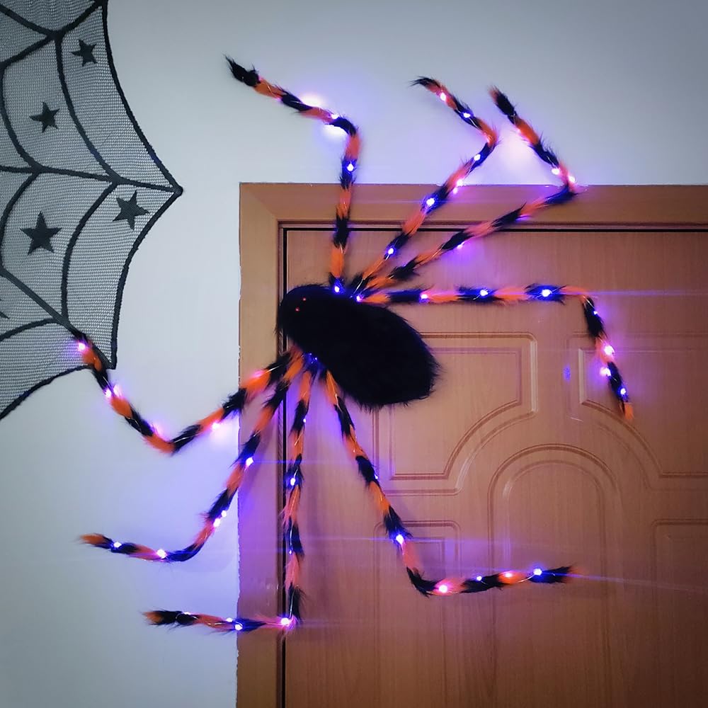 PageebO Araña grande de Halloween con 64 luces LED moradas para decoración de Halloween, bolsa de dulces, juegos de truco o trato