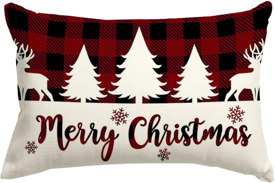 RABUSOFA Fundas de almohada decorativas para decoración de árbol de Navidad a cuadros, fundas de almohada de Feliz Navidad de 12 x 20 pulgadas,