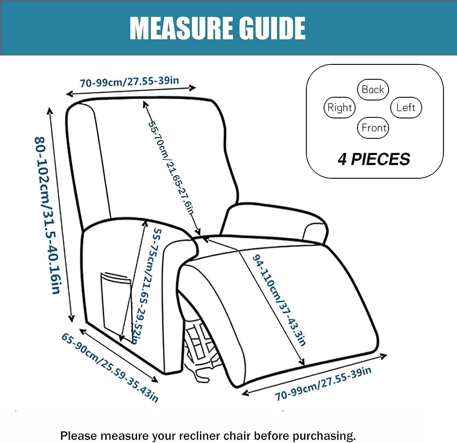 FUANGUI Fundas reclinables estampadas con bolsillo lateral, funda para sofá de 4 piezas, fundas elásticas para sofá reclinable de 1 asiento, fundas