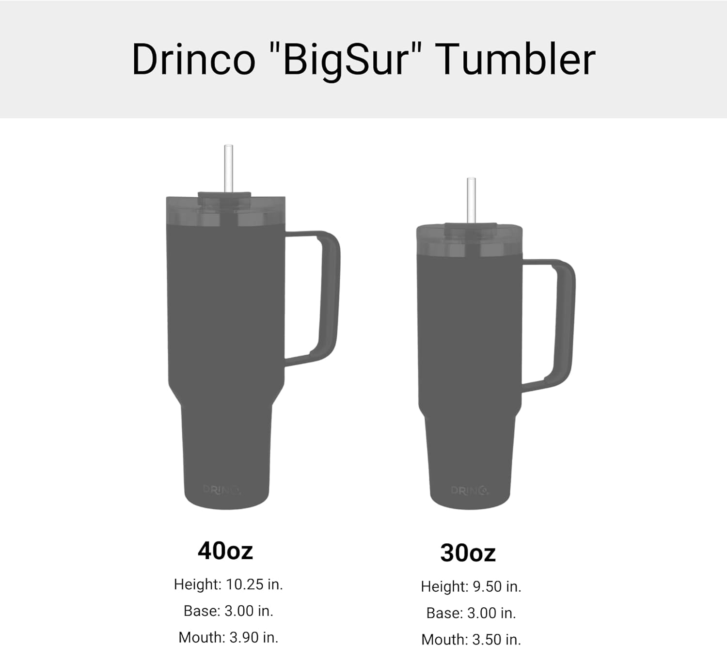 Drinco BigSur – Vaso de 40 onzas y 30 onzas con asa, tapa con pajilla, taza de viaje de acero inoxidable aislada para agua fría y caliente, taza de