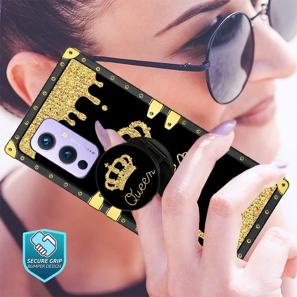 LSL Compatible con OnePlus 9 5G Funda cuadrada para teléfono, Queen Golden Crown de lujo, revestimiento de poliuretano termoplástico de lujo, a